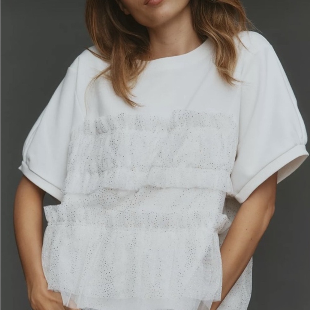 Antropologie Maeve short Smocked Ruffled Sweatshirt Large petite over selkie